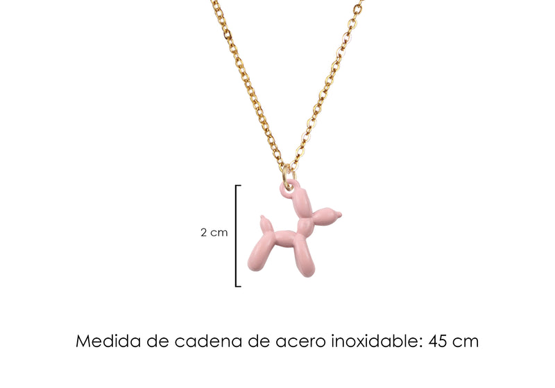 Collar Acero Inoxidable Dorado con Dije Esmaltado Perrito Globo Rosa Pastel