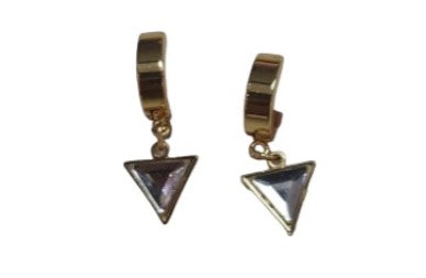 Nuevo-Aretes Acero Inoxidable Huggies Dorado con Dije Triangulo con cristal Plateado