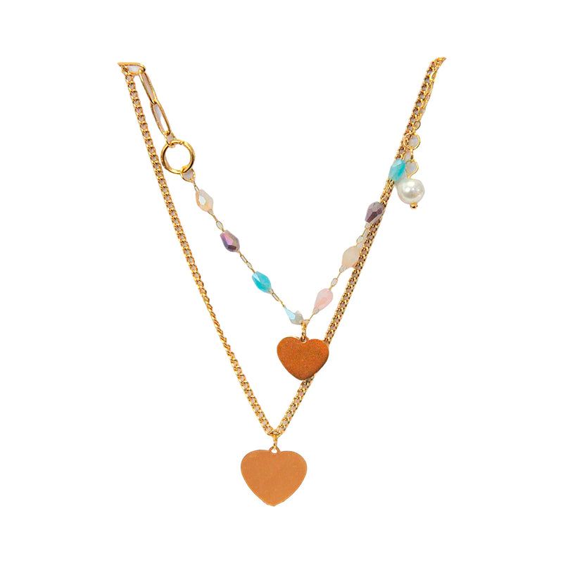 Nuevo-Collar de Acero Inoxidable Dorado con Dije Dos Corazones con piedras azules y blancas