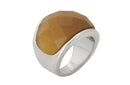 Frau Inoxidable Anillo Acero Inoxidable Plateado Redondo Facetado con Piedra Ojo de Gato Cafe