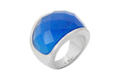 Frau Inoxidable Anillo Acero Inoxidable Plateado Redondo Facetado con Piedra Ojo de Gato Azul Claro