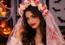 Diadema de Halloween con Velo y Flores Blancas con Sangre