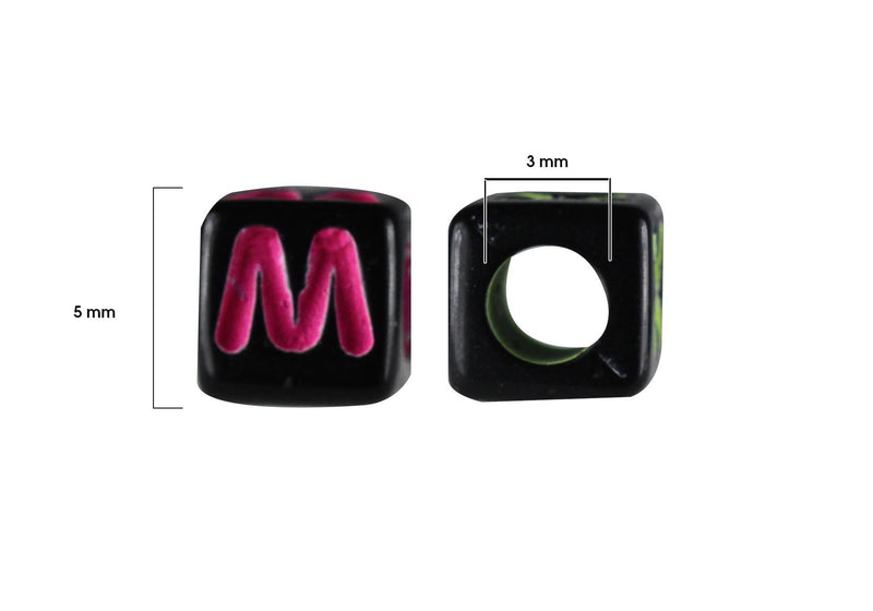 Nueva-Cuenta Acrilico Cubo Negro con Letras de Colores 5mm