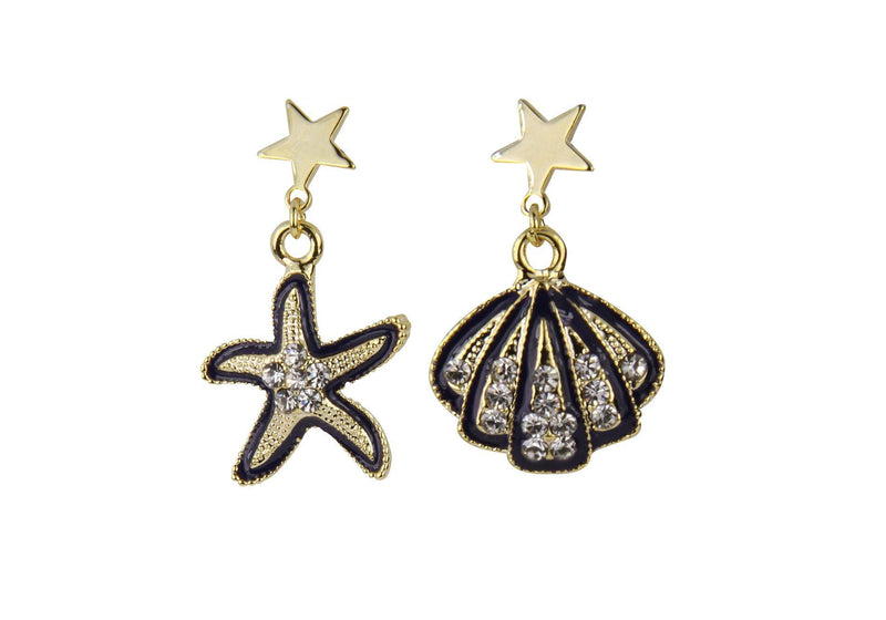 Aretes de Chapa de Oro Estrella y Concha de Mar Esmaltado Negro