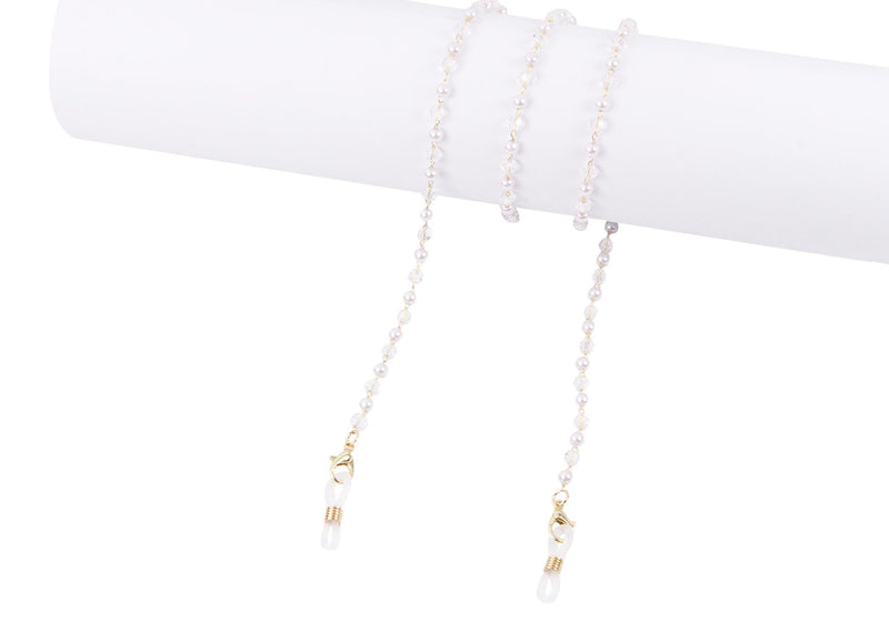 Cadena Correa Sujetador Lentes Cubrebocas Dorada con Perlas Blancas y Cristales Transparentes