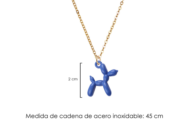 Collar Acero Inoxidable Dorado con Dije Esmaltado Perrito Globo Azul Rey