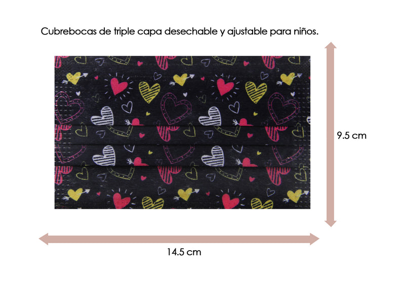Cubrebocas 3 Capas de Sellado Ultrasonico Plisado Infantil color Negro con corazones Fucsia/Amarillo/Blanco
