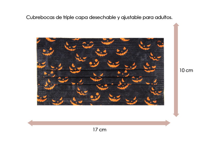 Cubrebocas 3 Capas de Sellado Ultrasonico Plisado Halloween Negro con Naranja 10 Piezas