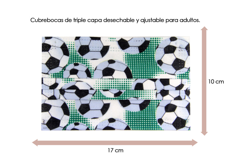 Cubrebocas 3 Capas de Sellado Ultrasonico Plisado Adulto Balones de Soccer Verde y Blanco