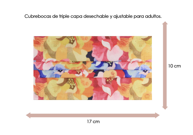 Cubrebocas 3 Capas de Sellado Ultrasonico Plisado Adulto Flores Rosa Azul y Naranja